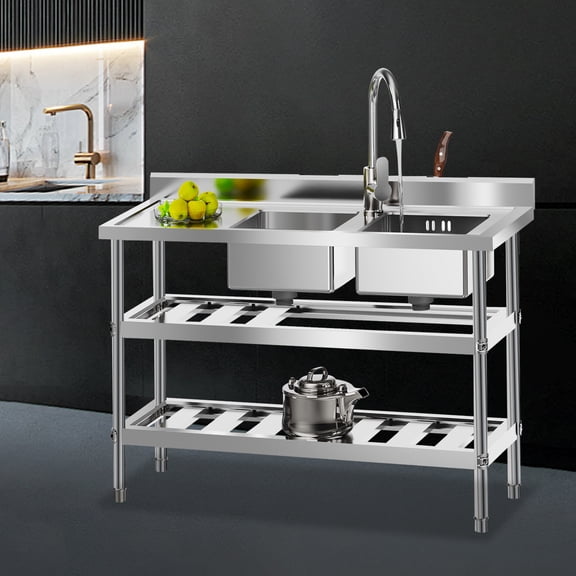 Peakora Commercial Restaurant Sink Stainless Steel Utility Sink Free-Standing Kitchen Sink Double Bowl Kitchen Sinks with Strainer 201 Stainless Steel Freestanding Kitchen Sink