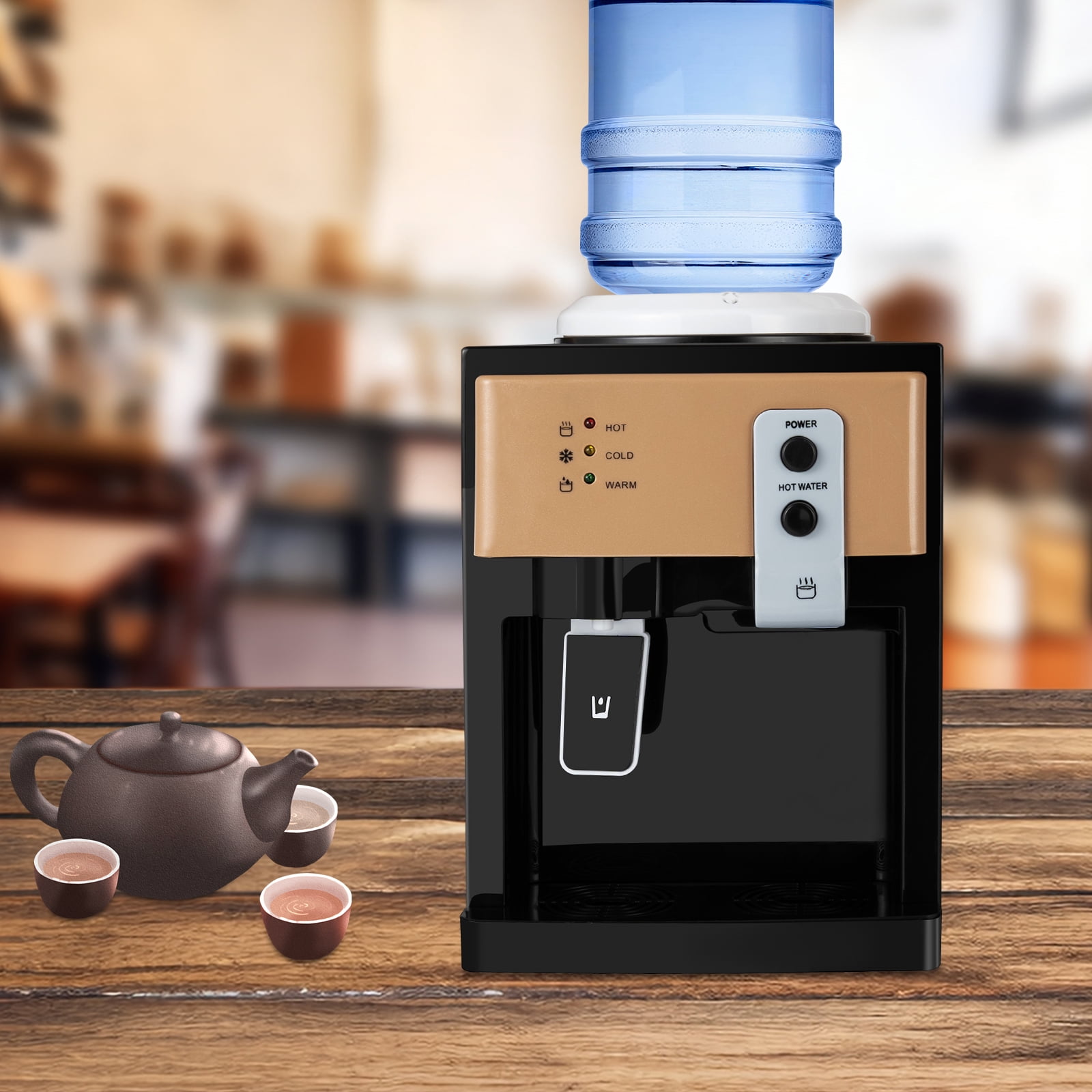 Peakora Countertop Hot and Cold Water Cooler Champagne Gold&Black Desktop Top Loading Water Dispenser with three different water temperatures (hot/cold/warm) for Both Home and Commercial Places 110V