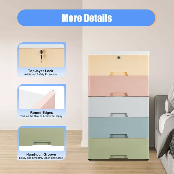 Peakora Durable Plastic Drawers Dresser with Flat Top and Full Pull-Out Design for Home Storage and Organization