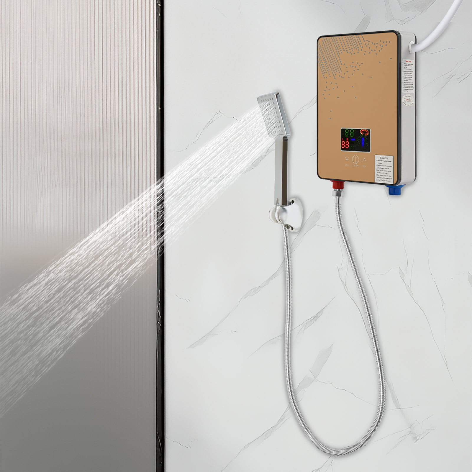 Peakora Electric Tankless Water Heater Gold 4500w Residential Instant Water Heater Electric LED Display with Shower Adjustable Instant Hot Water Heater for Bathrooms Hairdressing Salons Hotels