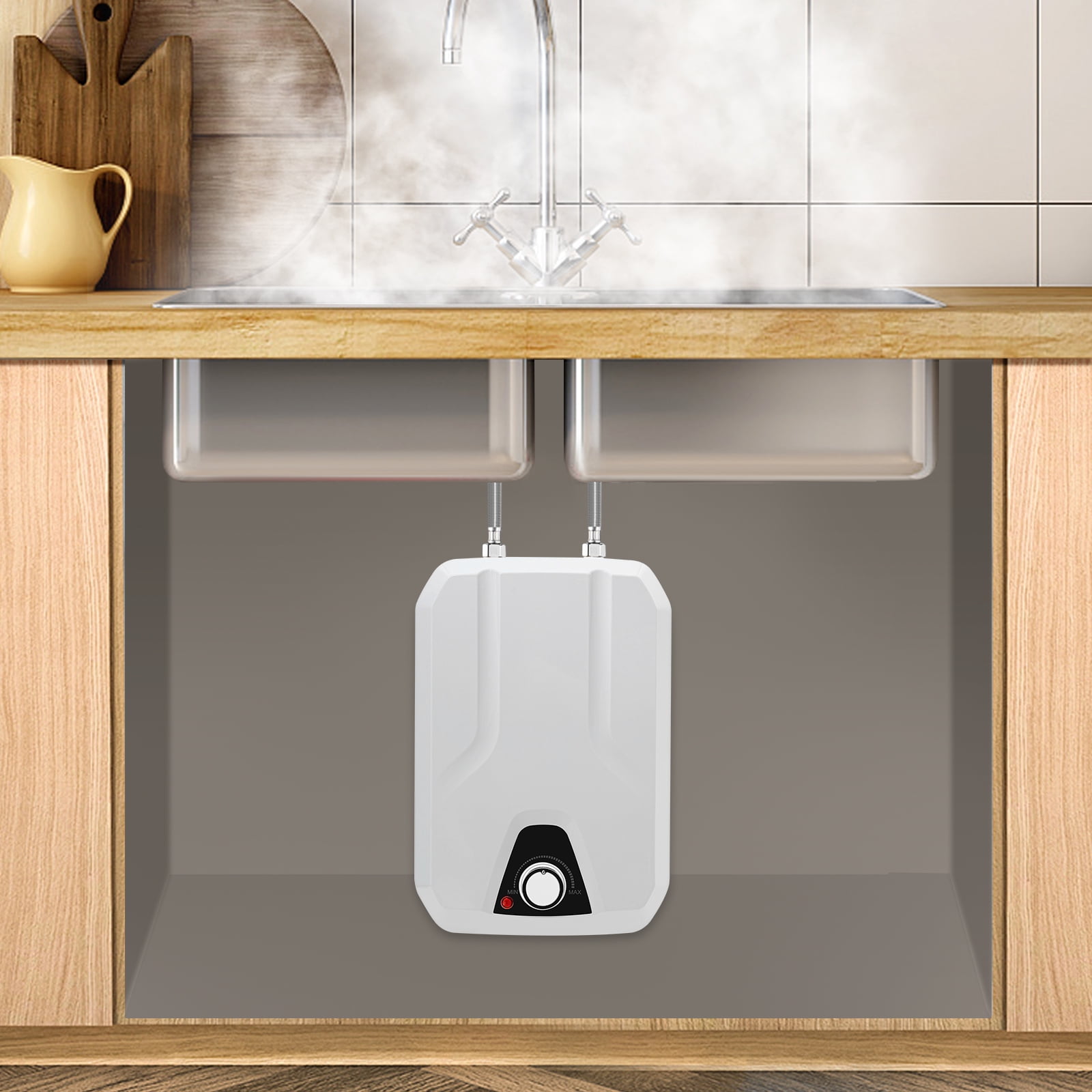 Peakora Electric Tankless Water Heater with 1.59gal Capacity 1500w Stainless Steel on Demand Hot Water 86-149°F IPX4 White 9.44*7.67*13.38in