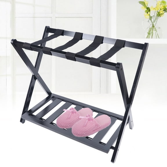 Peakora Foldable Bamboo Luggage Rack – Sturdy Nylon Straps, Strong Load Capacity, Impact-Resistant Design, Ideal for Guest Rooms, Easy Assembly and Cleaning, Modern Black Finish