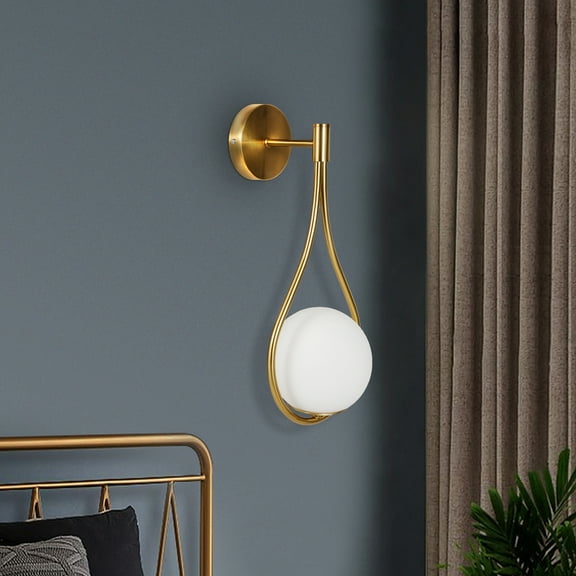 Peakora Golden Water Drop Wall Light Modern Metal Wall Sconce LED Globe Wall Light with White Glass Globe Shade for Bedside Living Room Bathroom Entryway 110-220V