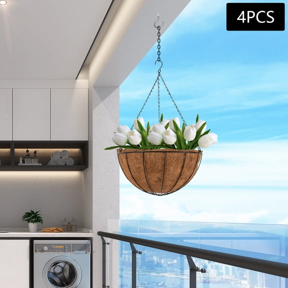 Peakora Hanging Baskets for Plants with Sturdy Iron Frame, Coconut Coir Lining, and Adjustable Chains for Beautiful Balcony Displays
