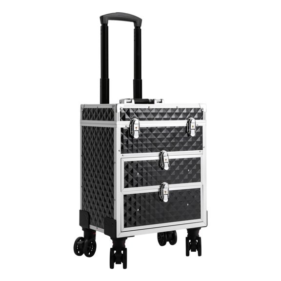 Peakora Makeup Train Case, Large Capacity, 66 lbs Load-Bearing, Stylish Black Finish, Lockable with Universal Wheels for Makeup Storage