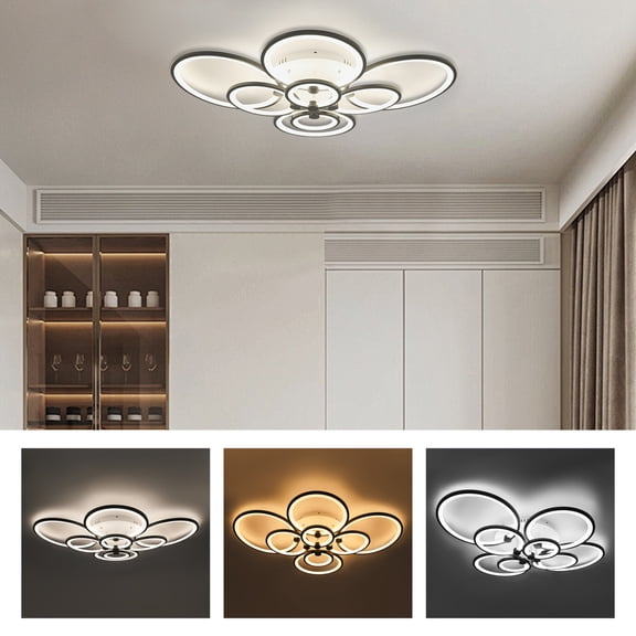 Peakora Modern Geometric 8 Rings Circled Chandelier Lighting LED Ceiling Light with Remote Control 8-Light Dimmable Modern Black Flush Mount Light Art Deco for Living Room Bedroom Kitchen