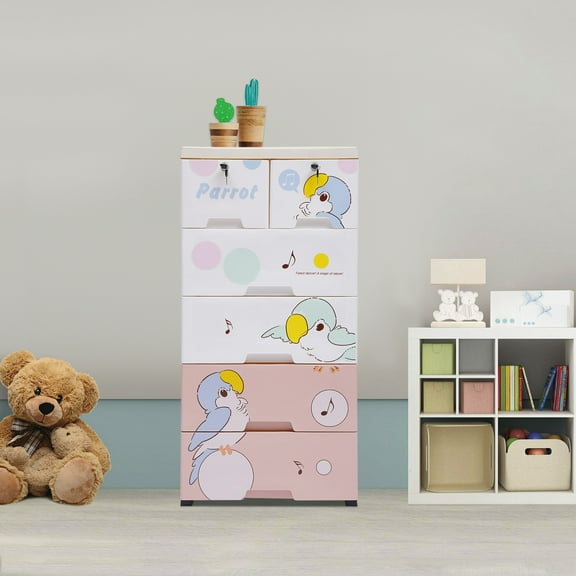 Peakora Plasitc Drawer Dresser with 6 drawers and top platform cartoons Storage Cabinet 5 Layer Tall Dresser Organizer Storage Cabinet with Wheels and Lock for Bedroom Utility Room Living Room