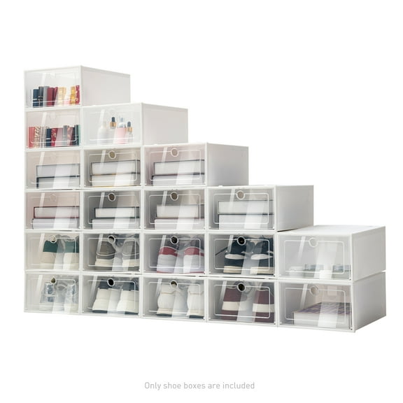 Peakora Stackable Shoe Boxes with Clear Front Door - Durable PP and ABS Shoe Storage Organizer for Mens and Womens Shoes, 13x9.1x5.5 Each, Set of 20