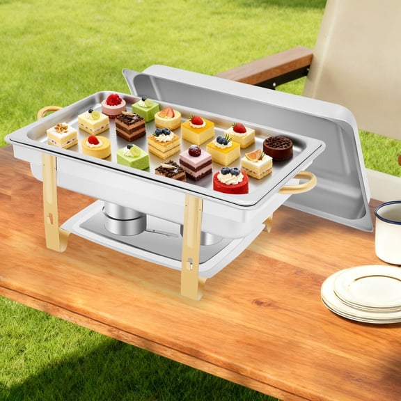 Peakora Stainless Steel Chafing Dish Buffet Set 2.38 Gal Rectangular Warmers Set with Lid Water Pan Stand Stainless Steel Buffet Warmer for Parties Silver + Gold