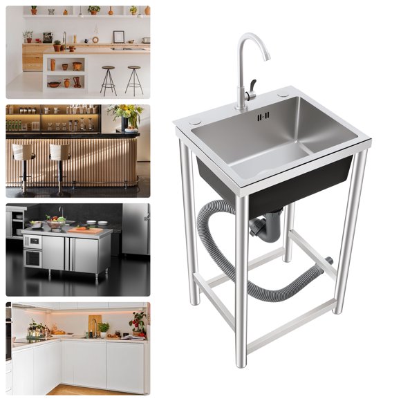 Peakora Stainless Steel Kitchen Utility Sink with Faucet Free Standing Outdoor Utility Sink Large Capacity Single Bowl Commercial Sink Easy to Clean for Multi-use