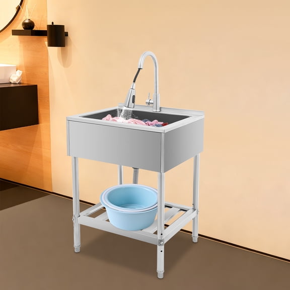 Peakora Stainless Steel Kitchen Utility Sink with Faucet & Stand Free Standing Outdoor Utility Sink Large Capacity Single Bowl Commercial Sink Easy to Clean for Multi-use