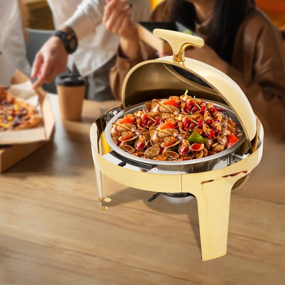 Peakora Stainless Steel Round Chafing Dish Buffet Set with Visible Lid, 90°/180° Opening Buffet Warmers Set, Roll Top Stainless Steel Buffet Warmer Gold