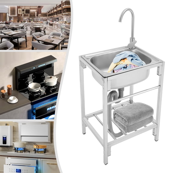 Peakora Stainless Steel Single Basin Kitchen Sink with Stand, Home Simple Laundry Sink with Faucet Ready Practical Freestanding Vanity Multipurpose Sink Commercial Sink for Laundry Backyard Garage