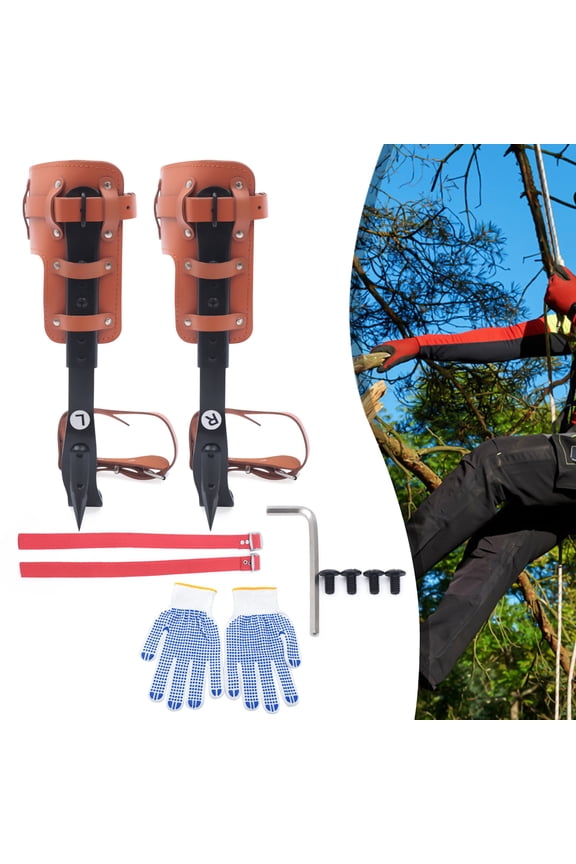 Steel Adjustable Tree Climbing Spike Set Cowhide Leather Pole Climbing Spurs with Non-slip Gloves and Straps Tree Climbing Tool Non-slip Pedal for Outdoor Sport