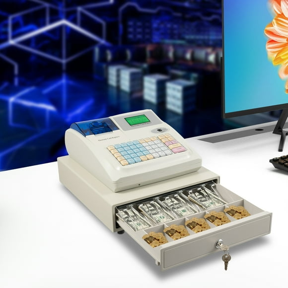 Peakora Supermarket Cash Register, 4 Bill Compartments, 5 Coin Compartments, Automatic Pop-Up Function, Employee & Customer Screens, High-Quality Materials, Energy Efficient