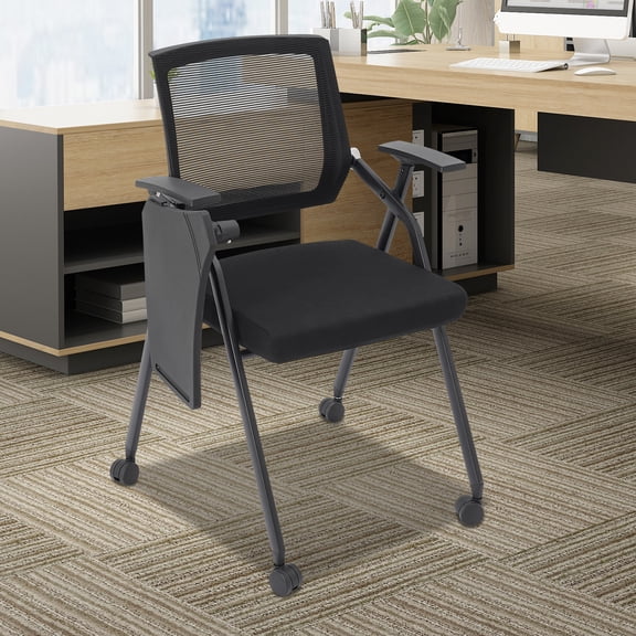 Peakora Tablet Arm Chair Conference Room Chair with Caster Wheels Ergonomic Folding Chair with Right Handed Arm Mesh Guest Nesting Stacking for Meeting Rooms & Classrooms Black