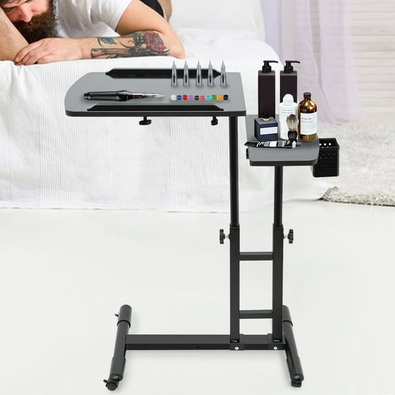 Peakora Tattoo Workstation Work Table Desk with Double Countertop Tray Portable Workbench with Multi-angle Adjustment 360° Rotating Wheels