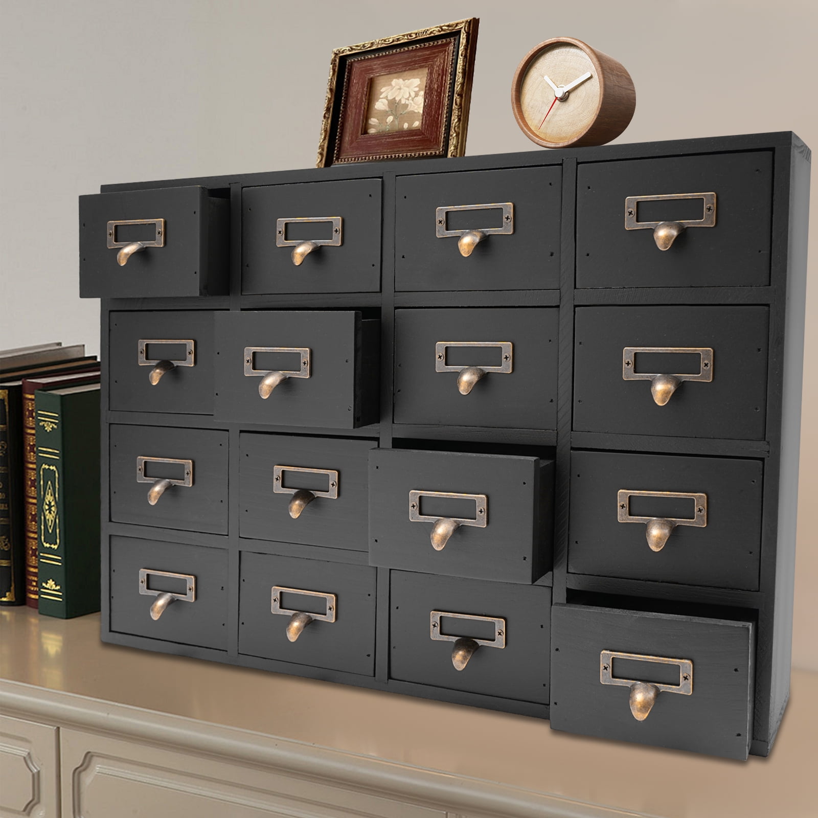 Peakora Vintage Wooden Cabinet Black 16 Drawer Chinese Medicine Desk Drawer Organizer Rustic Wooden Small Storage Box for Living Rooms Bedrooms Study Rooms