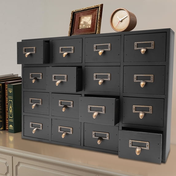 Peakora Vintage Wooden Cabinet Black 16 Drawer Chinese Medicine Desk Drawer Organizer Rustic Wooden Small Storage Box for Living Rooms Bedrooms Study Rooms