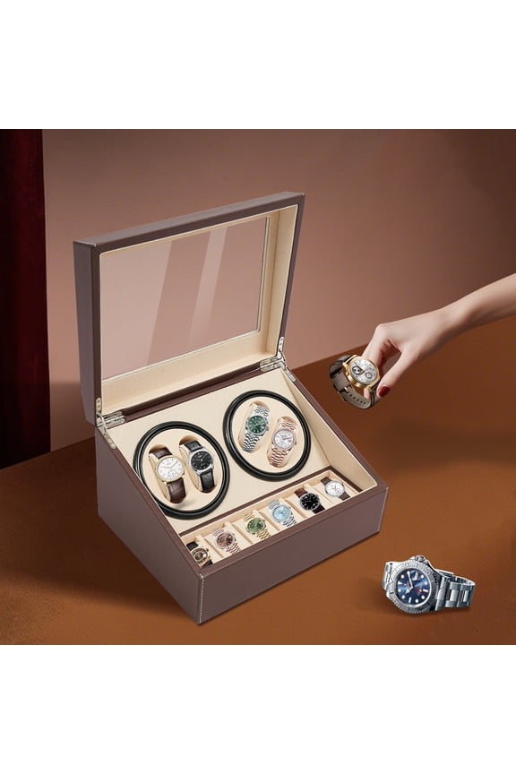 Watch Winder for 4 Automatic Watches and 6 Watch Storage Bits Rotations High Gloss Brown Finish with Acrylic Window Faux Leather Lined Locking Wooden 4-Watch Winder with 6-Watch Storage Area