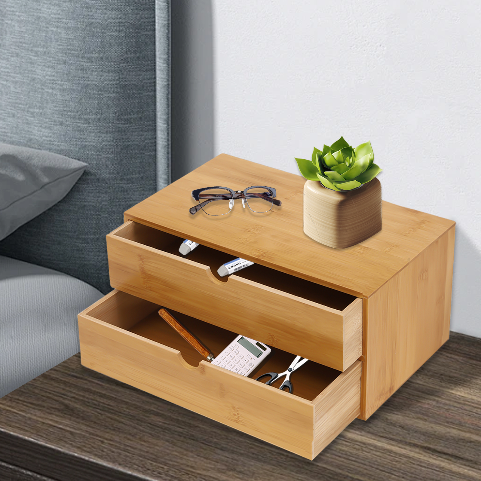 Peakora Wood Desk Organizer Mini Bamboo Desk Drawer Tabletop Storage Organization Box for Office Home Toiletries Supplies, No Assembly Required