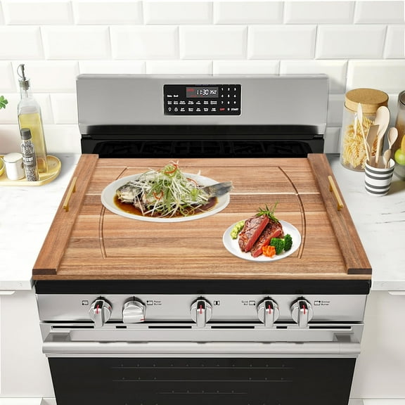 Peakora Wood Stove Top Cover Multifunctional Noodle Board Stove Cover with Built-In Handles 30*22in Cooktop Cover for Home Kitchens, Restaurants Log Color