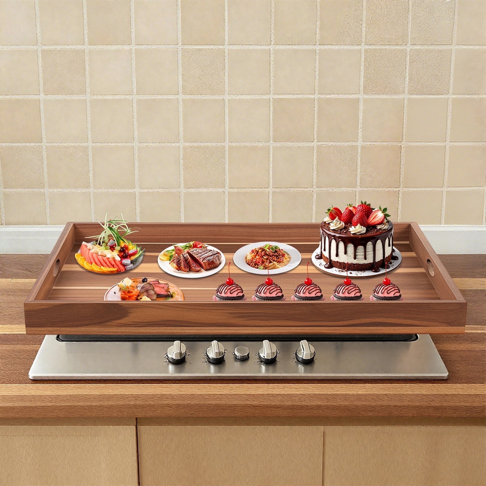 Peakora Wood Stove Top Cover Multifunctional Noodle Board Stove Covers with Built-In Handles Durable Extra Thick Acacia Wood Handmade Cookware 30*22*2.5in Wood Color