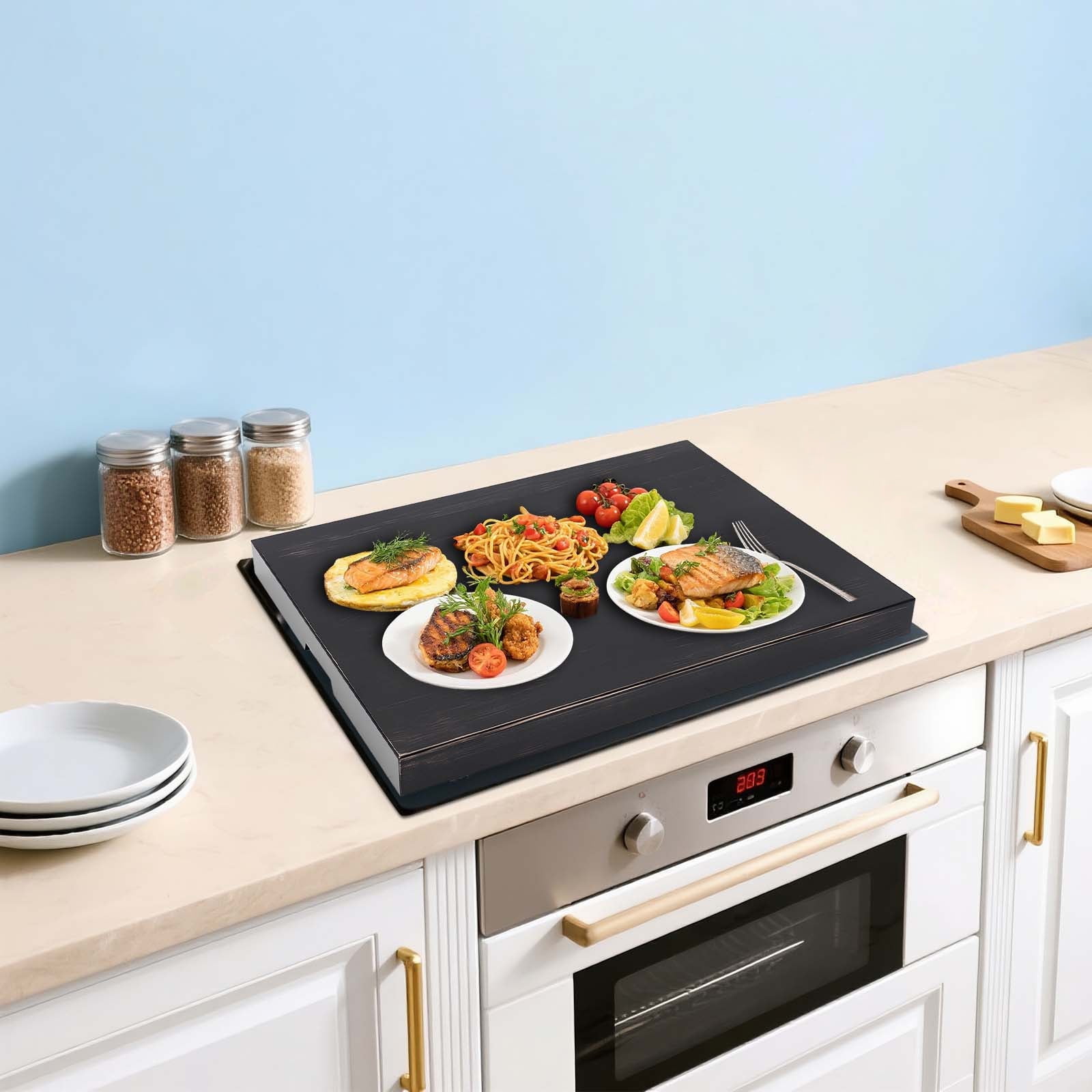 Peakora Wood Stove Top Cover Multifunctional Noodle Board Stove Covers with Built-In Handles Durable Extra Thick Pine Wood Handmade Cookware 29.5*22*2.5in Ebony Color