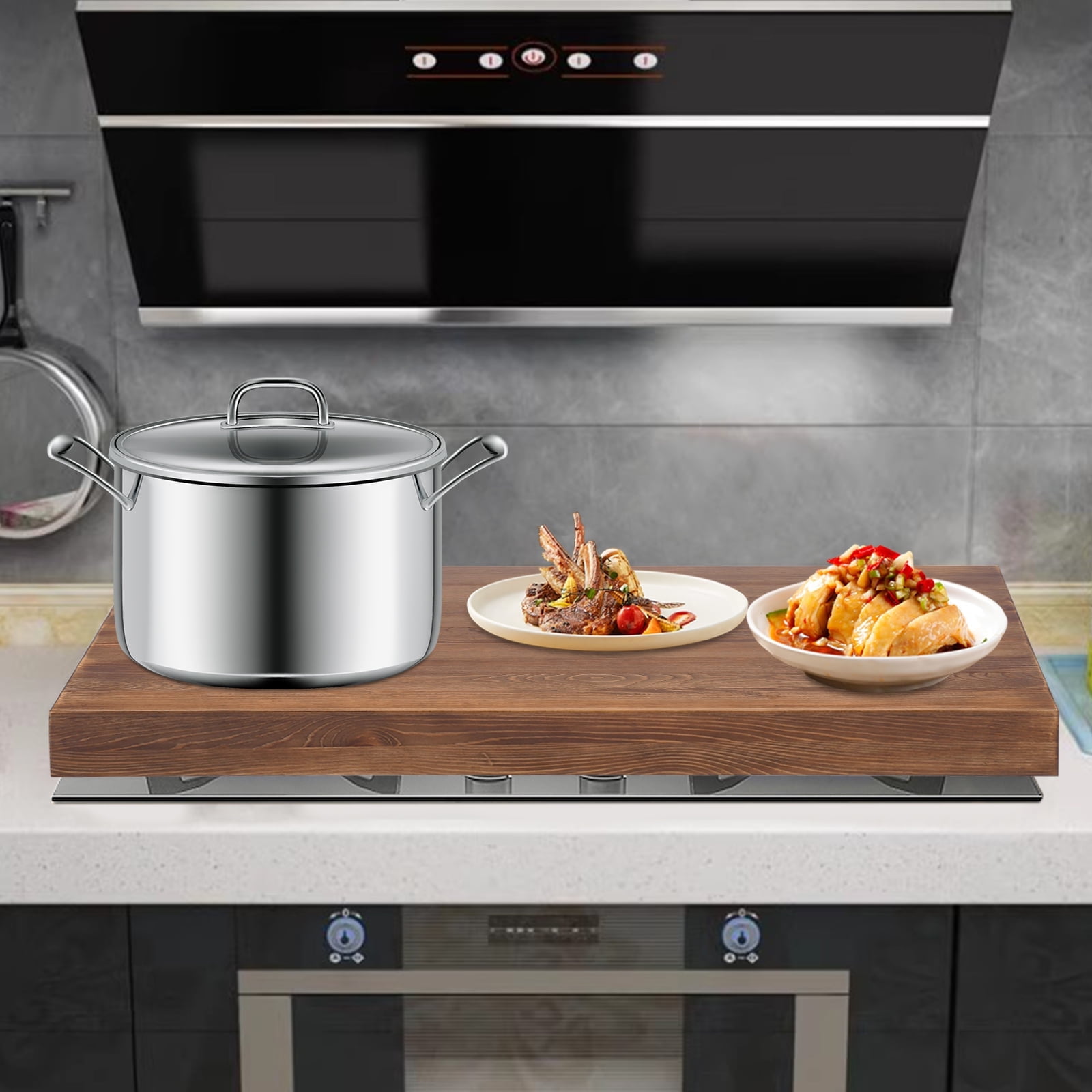 Peakora Wood Stove Top Cover Multifunctional Noodle Board Stove Covers with Built-In Handles Durable Extra Thick Pine Wood Handmade Cookware 29.5*22*2.5in Walnut Color