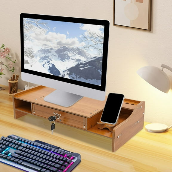 Peakora Wooden Computer Monitor Stand Ergonomic Computer Rack with Lockable Drawer Monitor Stand with Phone Holder for Homes Schools Offices