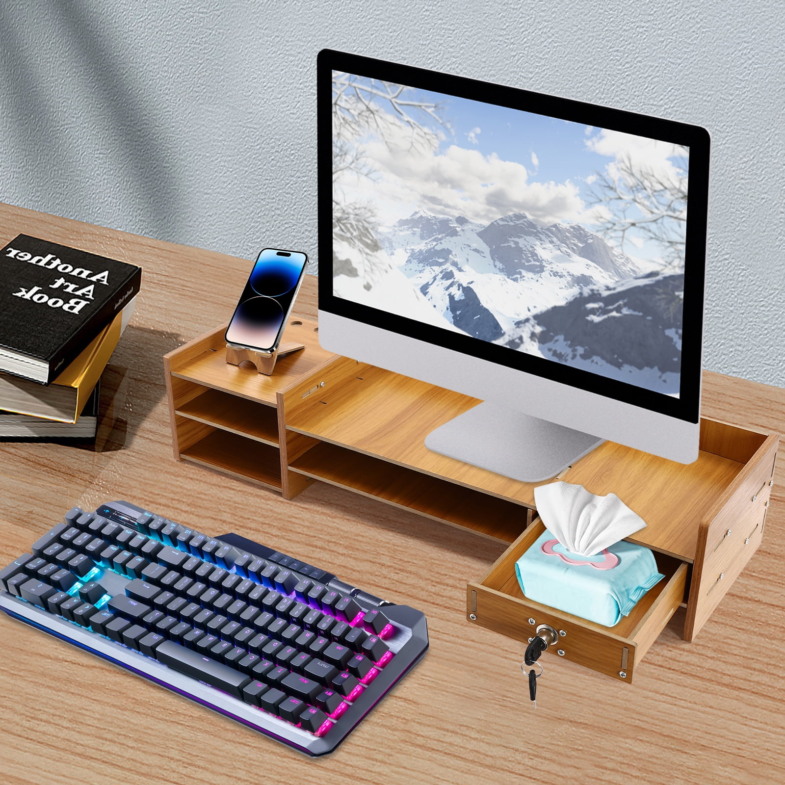 Computer Case Monitor Stand Peakora Wooden Computer Monitor Stand with Phone Holder Ergonomic ...