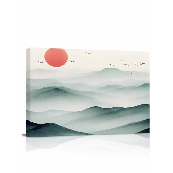 Peaks Sun Canvas Print Wall Art Scenery Bird Framed Canvas Art Wall Decor Gradient Mountain Fog Pictures Painting Morden Artwork for Living Room Bedroom, Ready to Hang - 12"x16"