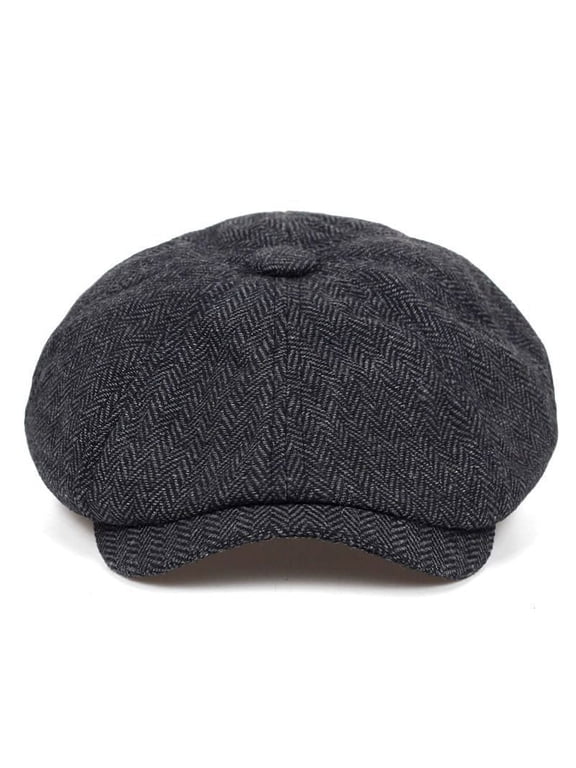 Peaky Blinders Hat Newsboy Flat Cap Herringbone Tweed Wool Baker Boy Gatsby-Black