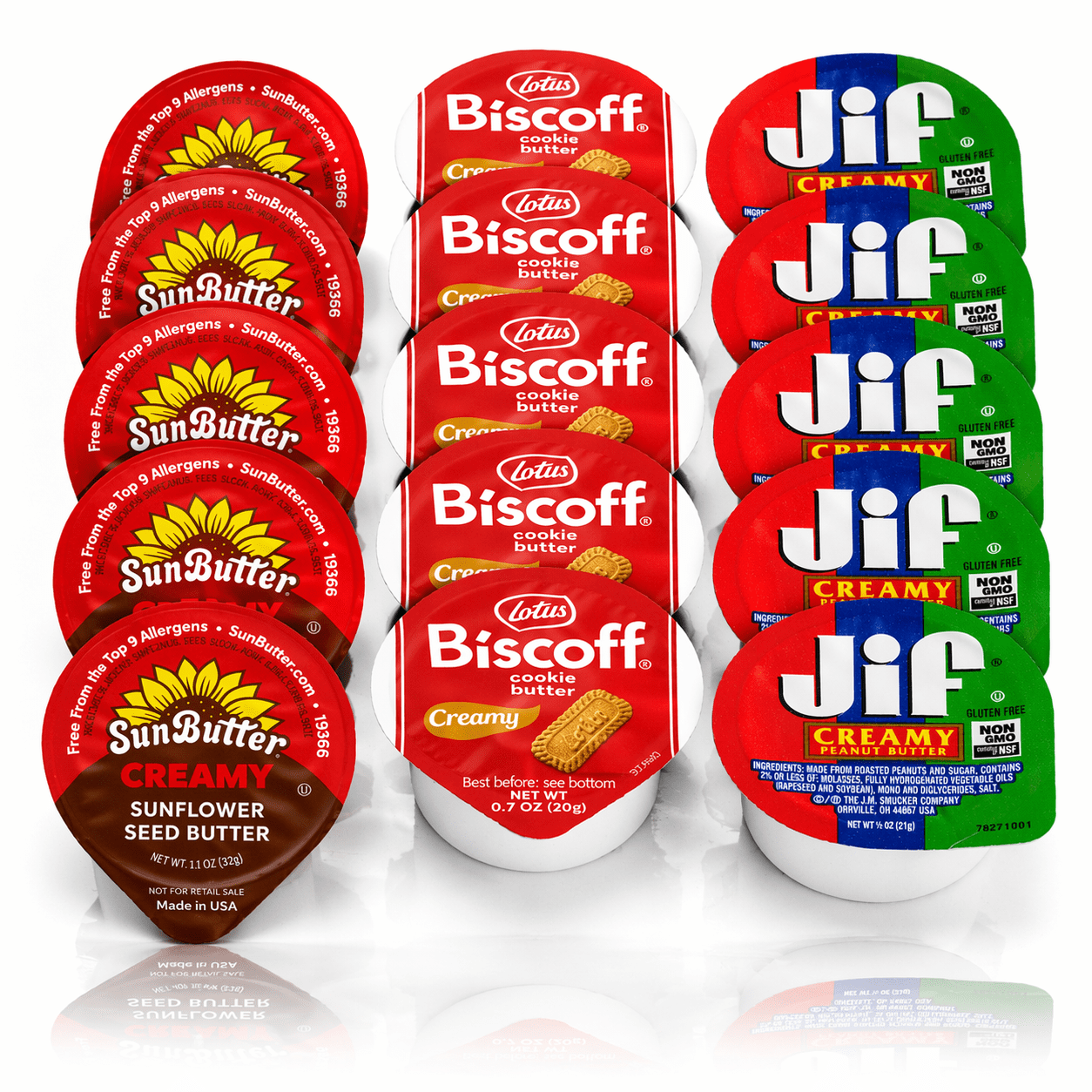 Peanut Butter Cups Variety Pack, 15 Count – Single Serve Snack Pack (5  JIF TO GO, 5 Biscoff Cookie Butter, 5 Sunflower Butter) – On-the-Go Portion Cups for Lunch, Kids & Snacks