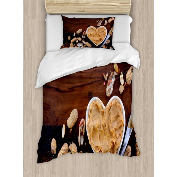 Peanut Butter Duvet Cover Set Twin Size, Crunchy Peanut Butter in White Heart Shape Dish on Vintage Table, 2 Piece Bedding Set with 1 Pillow Sham, Brown Pale Brown Grey, by Ambesonne