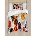 thumbnail image 1 of Peanut Butter Duvet Cover Set Twin Size, Sandwiches with Peanut Butter Jam and Fresh Fruits on White Wooden Background, 2 Piece Bedding Set with 1 Pillow Sham, Multicolor, by Ambesonne, 1 of 3