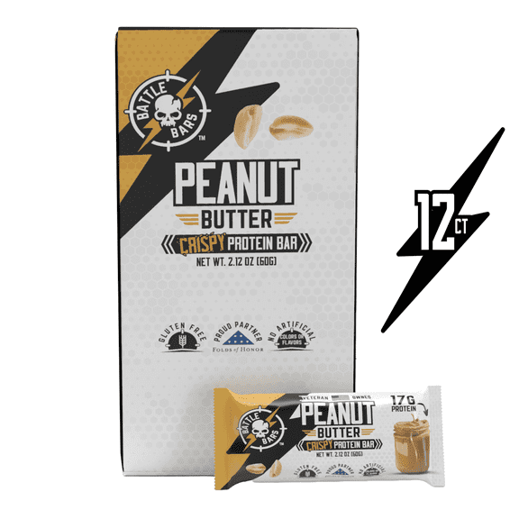 Battle Bars Peanut Butter Marshmallow-Crisp Protein Bars, 12 Pack, 2.10oz, 17g Whey Protein, Gluten Free