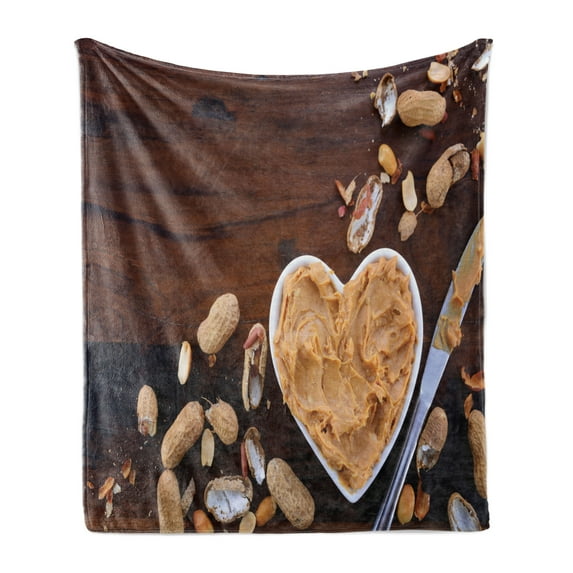 Peanut Butter Soft Flannel Fleece Blanket, Crunchy Peanut Butter in White Heart Shape Dish on Vintage Table, Cozy Plush for Indoor and Outdoor Use, 70" x 90", Brown Pale Brown Grey, by Ambesonne
