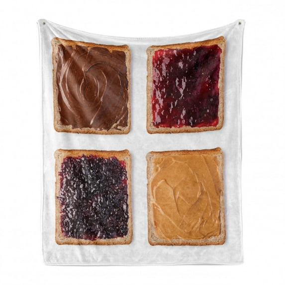 Peanut Butter Soft Flannel Fleece Throw Blanket, Toasts with Chocolate Jam and Peanut Butter Traditional School Breakfast, Cozy Plush for Indoor and Outdoor Use, 50" x 60", Multicolor, by Ambesonne