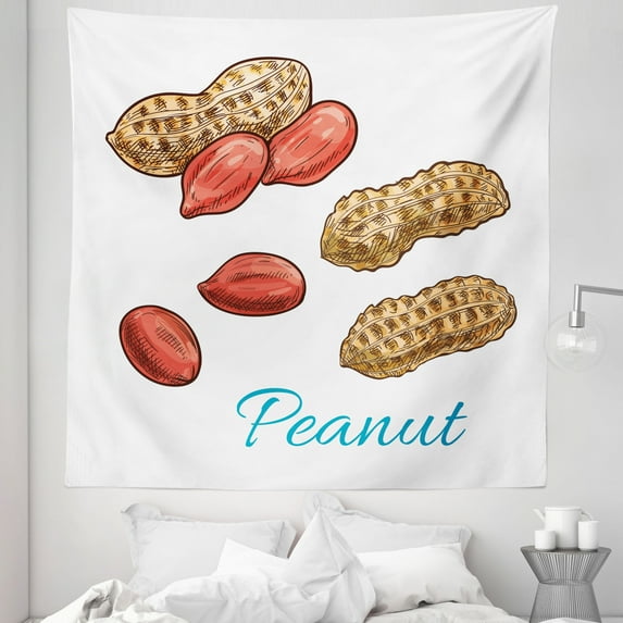 Peanut Butter Tapestry, Peanut Sketch of Kernel and Fresh Groundnut in Shell, Fabric Wall Hanging Decor for Bedroom Living Room Dorm, 5 Sizes, Pale Brown Salmon, by Ambesonne