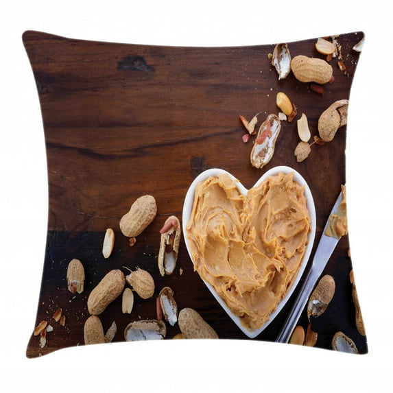 Peanut Butter Throw Pillow Cushion Cover, Crunchy Peanut Butter in White Heart Shape Dish on Vintage Table, Decorative Square Accent Pillow Case, 18" X 18", Brown Pale Brown Grey, by Ambesonne