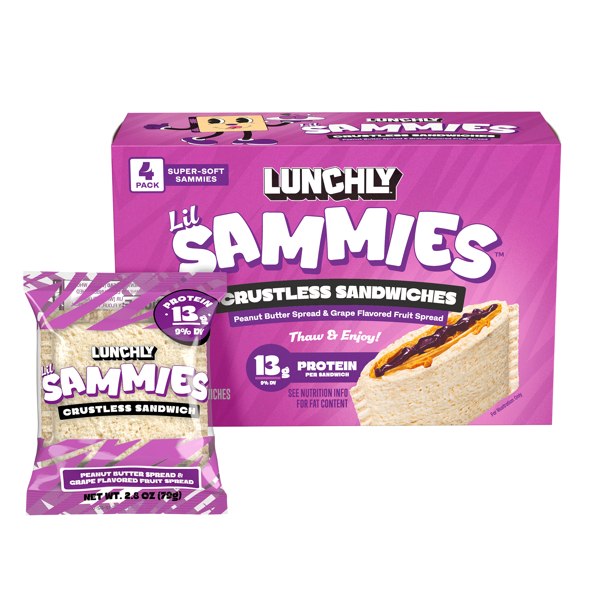 LUNCHLY Peanut Butter & Grape Lil Sammies, 13G Protein, 4 Count, 2.8oz Each, Frozen, Crustless Sandwiches