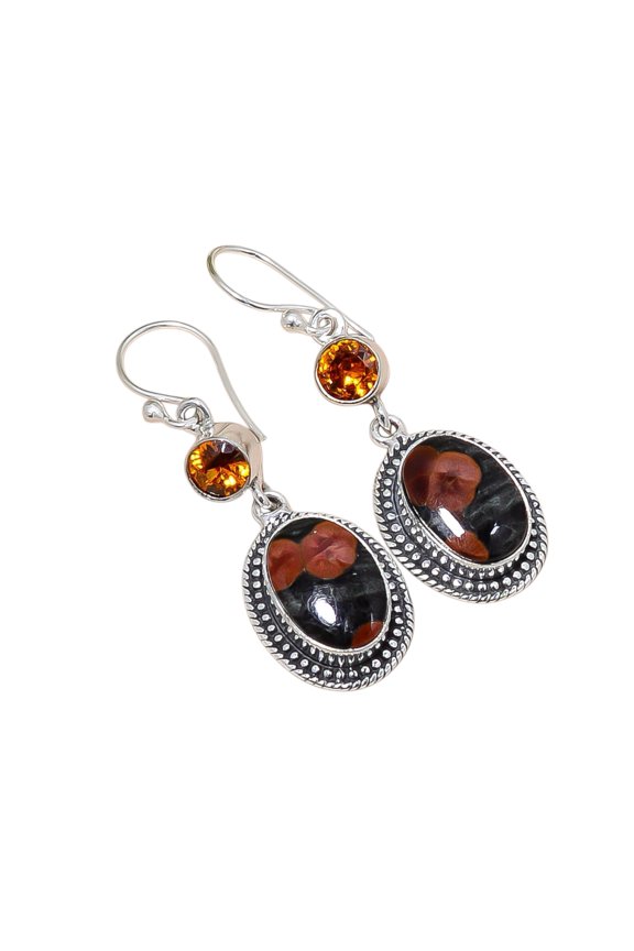 Peanut Obsidian - Sonora & Citrine 925 Sterling Silver Earring, 14X10 mm Oval Gemstone Earring, Brown & Gray Earring, Christmas Gift, Unique Jewelry E