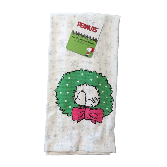 Peanuts 2 Pack 100% Cotton Kitchen Towels Snoopy Christmas Wreath Pink Bow