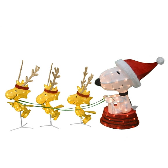 Peanuts 3D LED Prelit Yard Decor Snoopy in Dog Bowl Sled with Woodstock Reindeer, 32 inches tall
