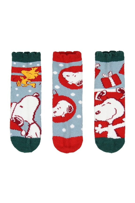 Peanuts Adult Snoopy and Woodstock Holiday 3 Pair Chenille Quarter Crew Socks with Scalloped Cuff