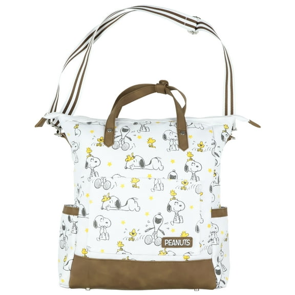 Peanuts Convertible Totepack Snoopy and Woodstock Backpack with Carrying Handles and Shoulder Strap Faux Leather Bottom Bag 16"
