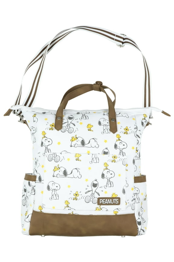 Peanuts Convertible Totepack Snoopy and Woodstock Backpack with Carrying Handles and Shoulder Strap Faux Leather Bottom Bag 16"