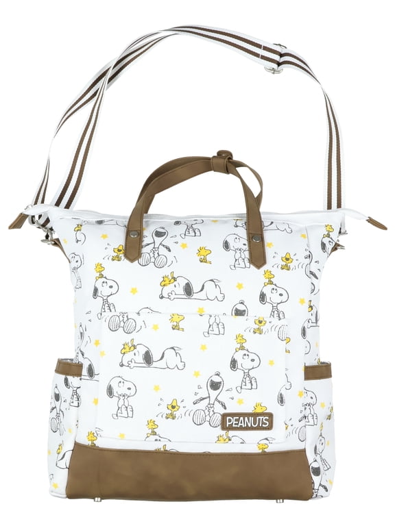 Peanuts Convertible Totepack Snoopy and Woodstock Backpack with Carrying Handles and Shoulder Strap Faux Leather Bottom Bag 16"