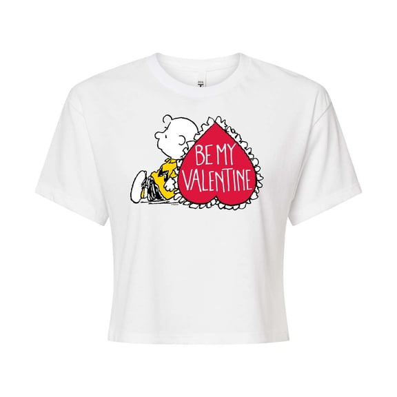 Peanuts - Be My Valentine - Charlie Brown Heart - Juniors Cropped Cotton Blend T - Shirt